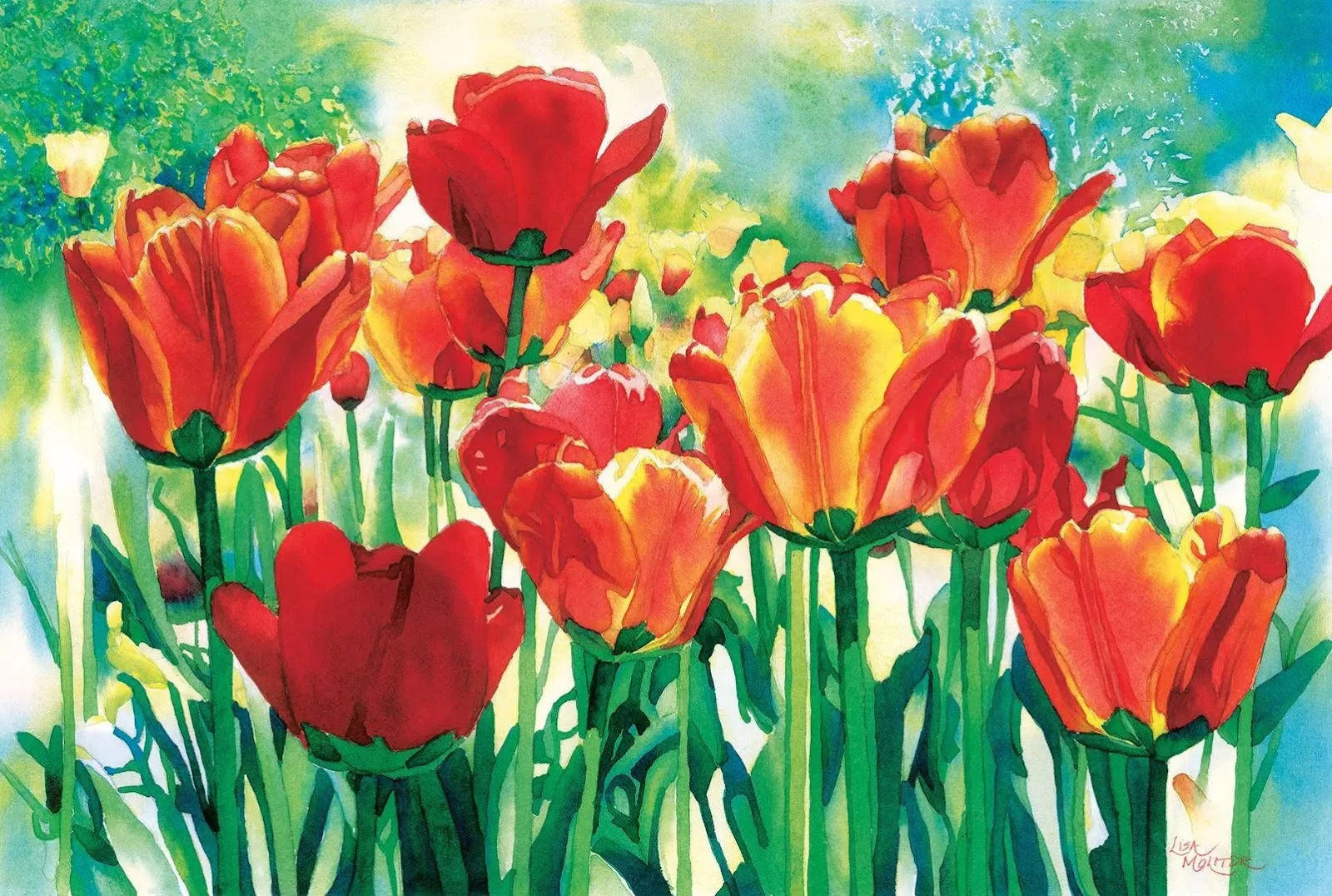 Bức tranh màu nước hoa tulip nổi bật với màu sắc rực rỡ và chi tiết tinh tế