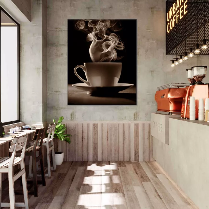 Bức tranh được ép kính phù hợp với không gian hiện đại của quán cafe